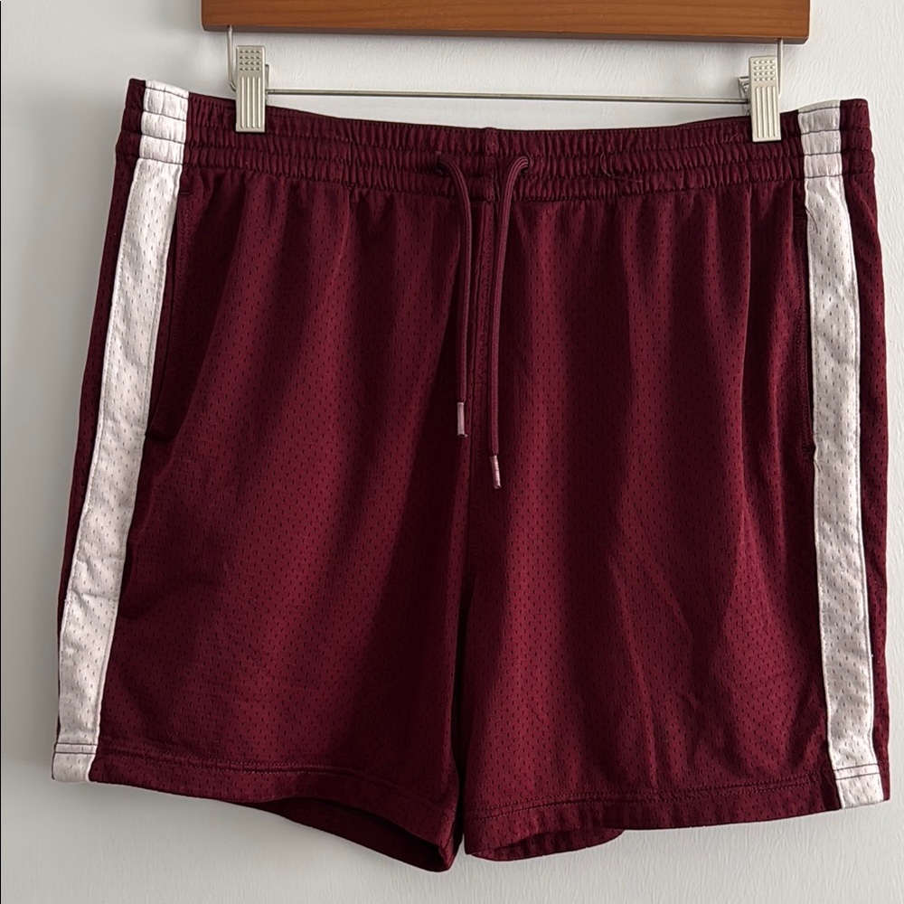 Abercrombie & Fitch Maroon Athletic Pocket Mesh Shorts with White Stripes